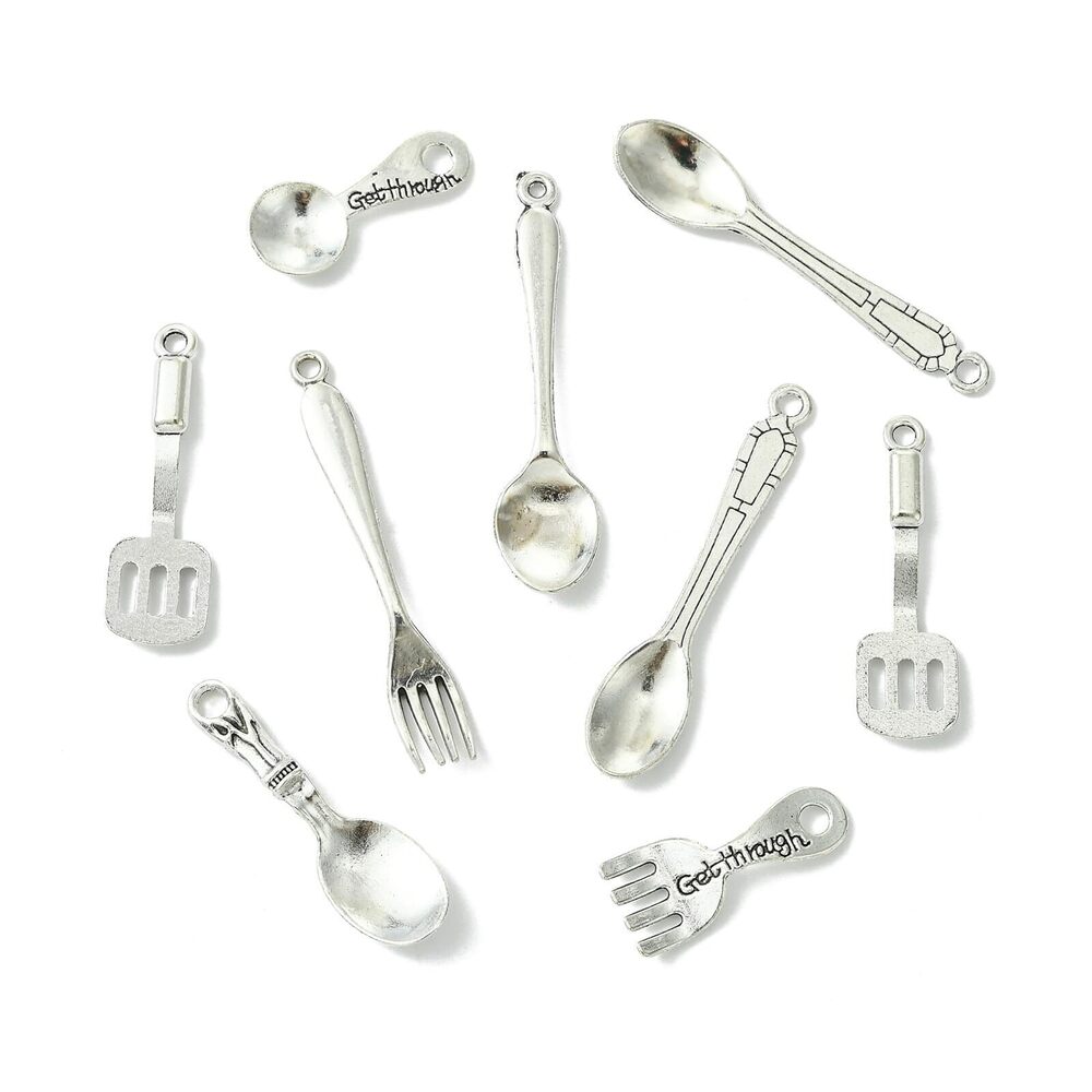 5288 70Pcs 7 Styles Fork Spoon Tableware Tibetan Style Charms Vintage